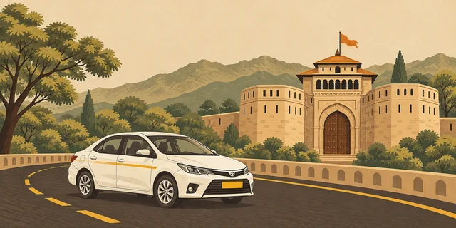 Illustrated Pune Wada gateway, cab and Sahyadri hills